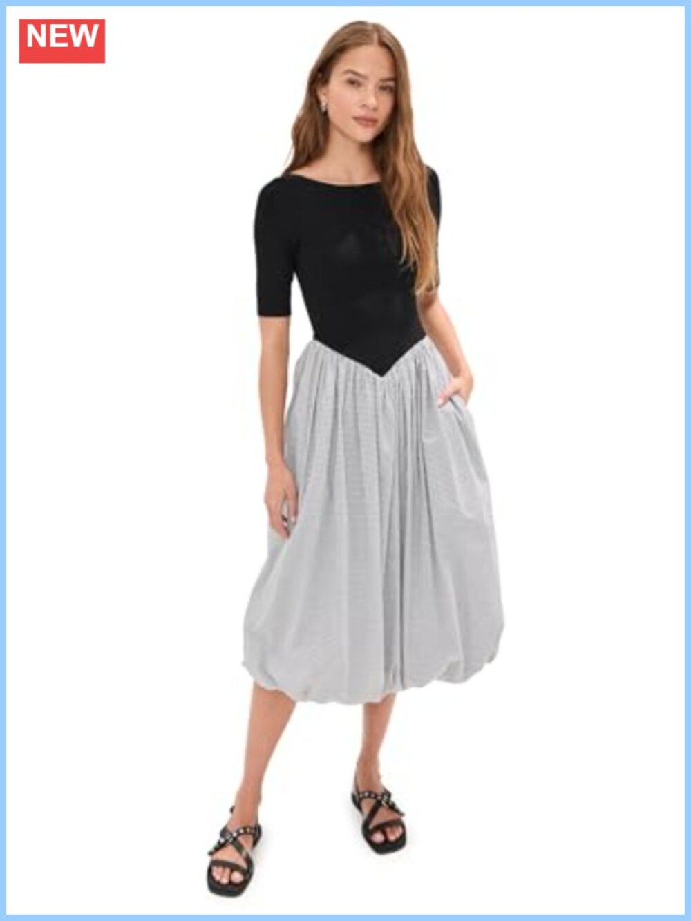 Mid-Weight Stretch Jersey Midi Dress with Poplin Bubble Skirt